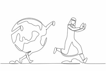 Single continuous line drawing unhappy Arab businessman being chased by globe. International company worker having trouble traveling because of the pandemic. One line draw design vector illustration