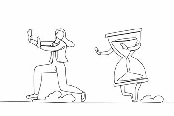Single continuous line drawing scared businesswoman being chased by hourglass. Female manager exhausted with work deadlines, depression. Minimalism metaphor. One line draw design vector illustration