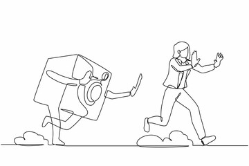 Continuous one line drawing scared businesswoman being chased by safe deposit box. Female worker hurry in financial secure system, banking protection. Single line design vector graphic illustration