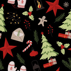 Vector seamless pattern of holiday icons: tree, Christmas ornaments, gingerbread cookies, lights, gift, candy, mittens. Illustration for Christmas time. Collection. Winter concept. Happy New Year