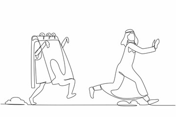 Single one line drawing unhappy Arabian businessman being chased by calendar. Office employee exhausted with rush project schedule. Minimal metaphor. Continuous line design graphic vector illustration