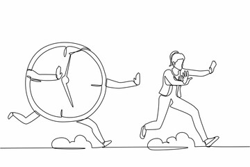 Continuous one line drawing scared businesswoman being chased by time, deadline. Female worker hurry in project schedule, productivity. Minimalist metaphor. Single line draw design vector illustration