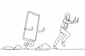 Single one line drawing scared businesswoman being chased by smartphone. Female manager refuse to talk about business project. Minimal metaphor. Continuous line draw design graphic vector illustration