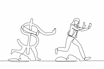 Continuous one line drawing scared businesswoman being chased by dollar symbol. Employee losing her money. Financial crisis. Minimalist metaphor. Single line draw design vector graphic illustration