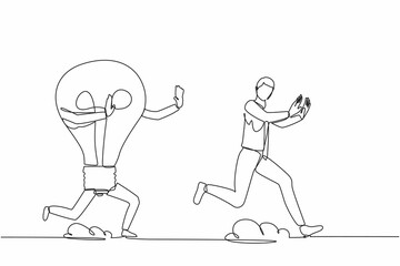 Single continuous line drawing stressed businessman being chased by light bulb. Losing inspiration, innovation, creative idea, success. Minimalism metaphor. One line graphic design vector illustration