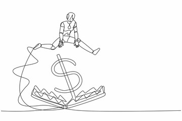 Continuous one line drawing robot jumping over money pitfall with big money dollar symbol. Financial money trap. Humanoid future robot cybernetic organism. Single line draw design vector illustration