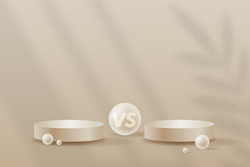 Versus VS sign with blue empty podiums or pedestals, abstract circles on background. Sport confrontation, martial arts combat, fight competition or challenge vector.