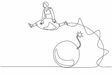 Single continuous line drawing Arab businesswoman jumping over bomb. Explosion of economic crisis, impact on increasing unemployment, poverty. Dynamic one line draw graphic design vector illustration
