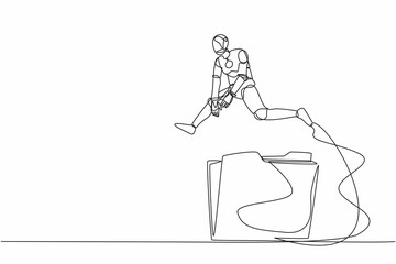 Single one line drawing robot jumping over big folder icon. User data archive. Office paper document, file folders. Future technology development. Continuous line design graphic vector illustration