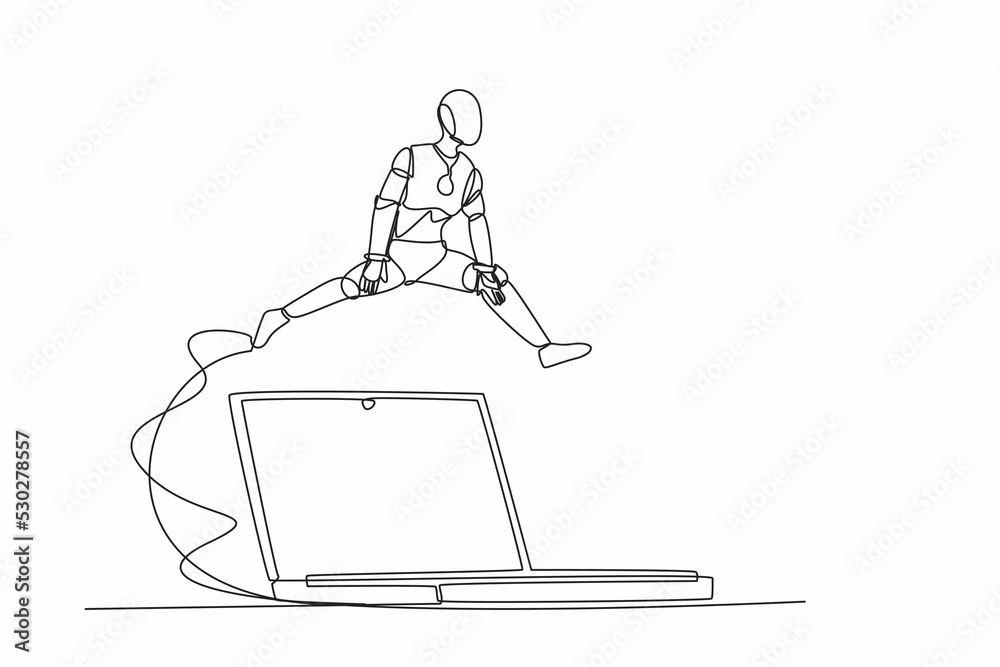Poster single one line drawing robot jumping over big laptop computer. office system information technology