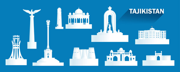 Travel landmarks Tajikistan with isolated silhouette architecture on blue background. © Painterstock