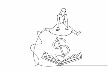 Single continuous line drawing Arab businessman jumping over pitfall with big money dollar sign bait. Financial investment scam. Trap of getting rich for a moment. One line design vector illustration