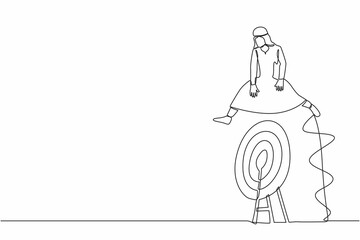 Continuous one line drawing Arab businessman jumping on big archery bullseye target. Accuracy in business target. Motivation working hard. Advancement in career. Single line design vector illustration