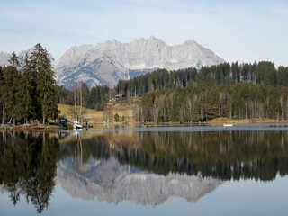lake in the mountains with surrounding trees and perfect reflection