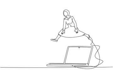 Single one line drawing Arab businesswoman jumping over big laptop computer. Data computing for working efficiency. Office system information. Continuous line draw design graphic vector illustration