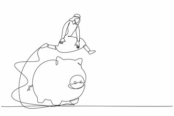 Single one line drawing Arab businessman jumping over piggy bank. Financial management with budget planning. Security of money storage. Modern continuous line draw design graphic vector illustration