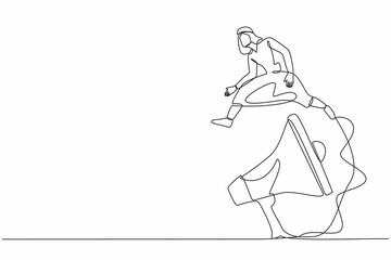Single continuous line drawing Arab businessman jump over big megaphone. Marketing strategy in mass communication. Loudspeaker technology for giving announcement. One line design vector illustration