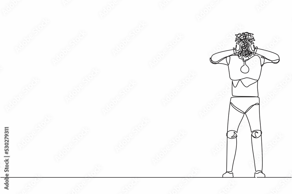 Poster continuous one line drawing robot with round scribbles instead of head. confused robot searching ans