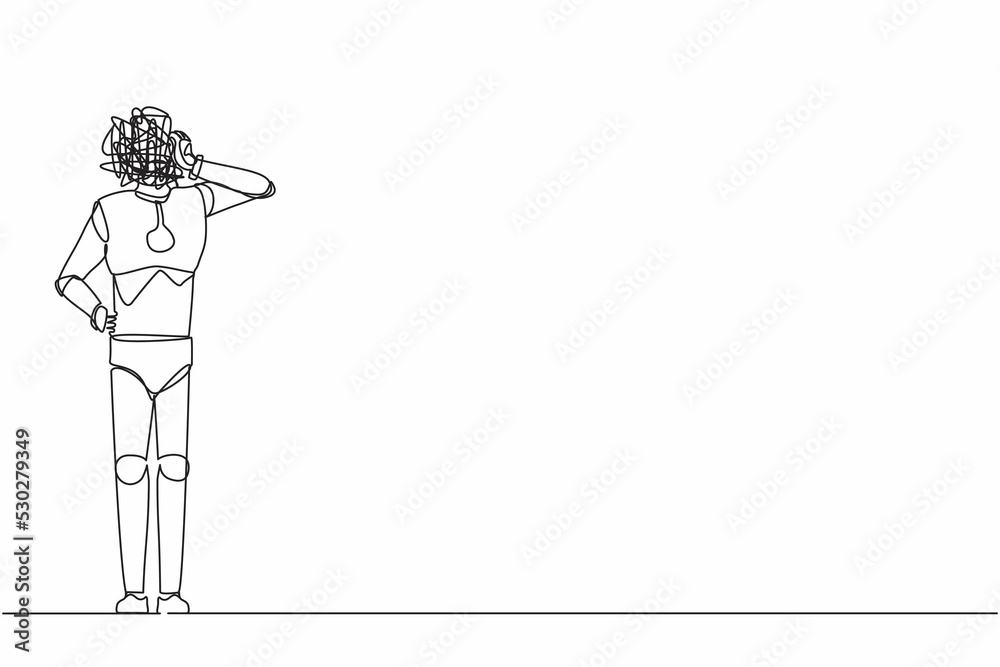 Poster single continuous line drawing robot with round scribbles instead of head. doubting robot standing, 