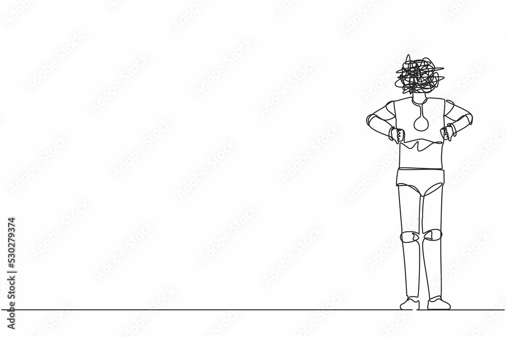 Poster single one line drawing robot with round scribbles instead of head, standing and showing thumbs down