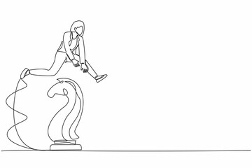 Continuous one line drawing businesswoman jump over chess horse knight. Strategy move in business production. Brain intelligence sport, tactical movement idea. Single line design vector illustration