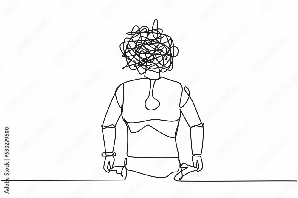 Poster single one line drawing robot with round scribbles instead of head. robot with pockets turned outwar