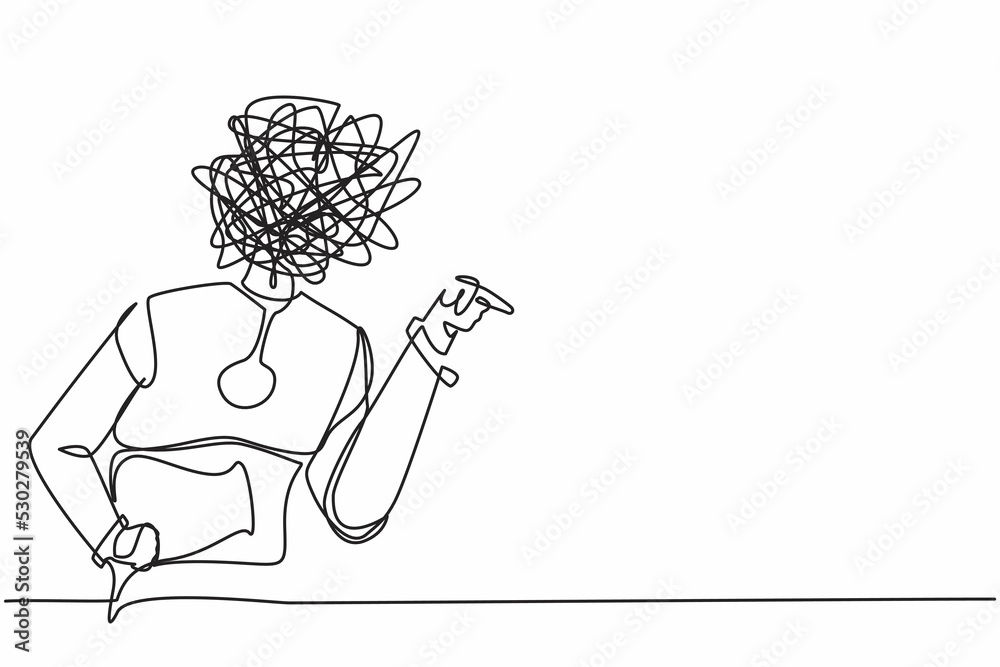 Poster continuous one line drawing robot with round scribbles instead of head. angry robot arguing, conflic