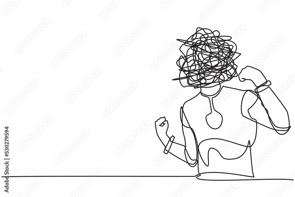 Poster single one line drawing robot with round scribbles instead of head, standing showing threatening ges