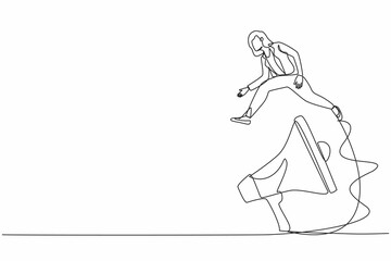 Continuous one line drawing businesswoman jumping over big megaphone. Marketing device equipment. Loudspeaker technology. Announcement, advertising. Single line draw design vector graphic illustration
