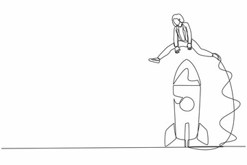 Single continuous line drawing businesswoman jumping over big rocket. Space rocket ready to fly. New business project. Successful startup launch preparation. One line draw design vector illustration