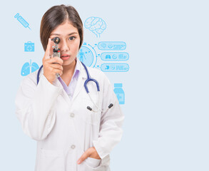 Ear doctor with otoscope in hand with medical icons on background