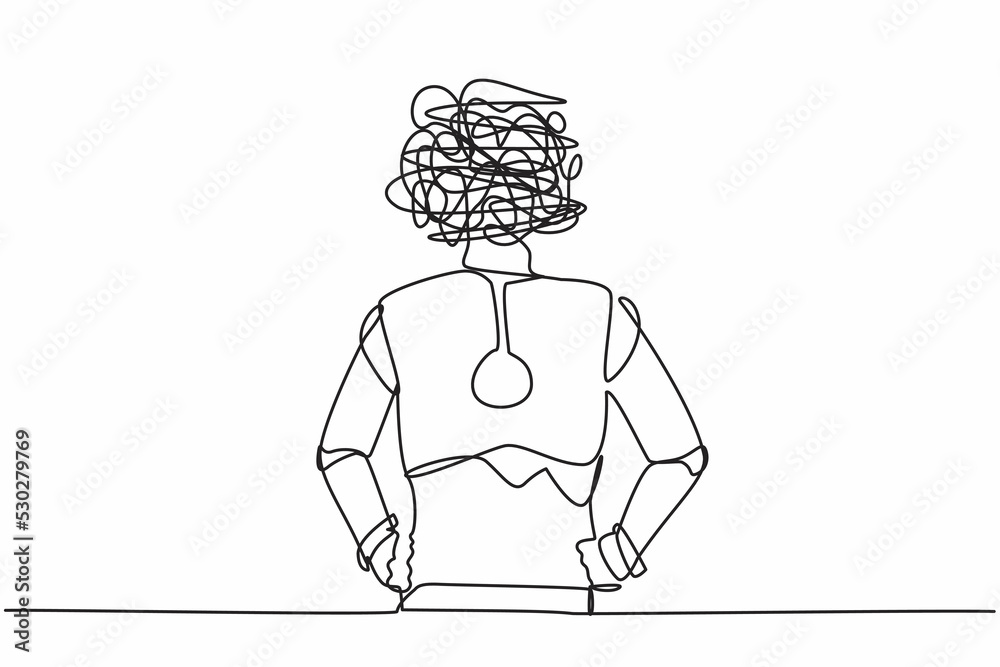 Poster continuous one line drawing robot with round scribbles instead of head, standing and holding on his 