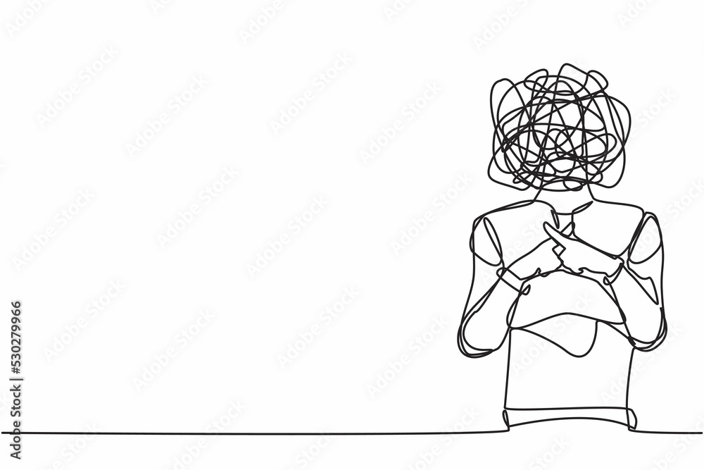 Poster continuous one line drawing robot with round scribbles instead of head. sign crossing fingers formin