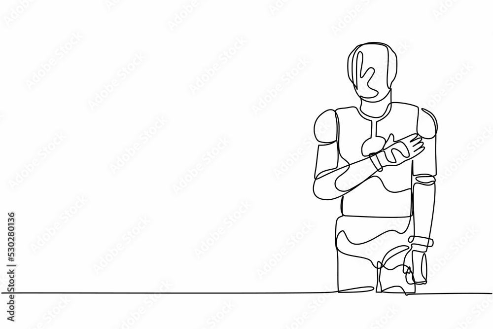 Poster single one line drawing robot standing with keeping hands on chest. friendly robot expressing gratit