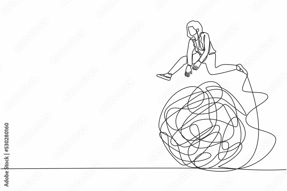 Poster single one line drawing businesswoman jumping over tangled scribble. overcoming complexity of proble