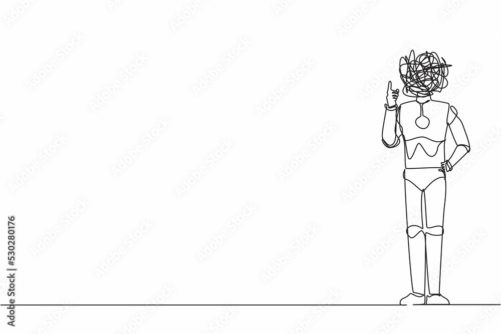 Poster single continuous line drawing robot with round scribbles instead of head, index finger up gesture. 