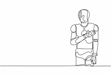 Single one line drawing robot standing with keeping hands on chest. Friendly robot expressing gratitude. Future technology. Artificial intelligence. Continuous line design vector graphic illustration