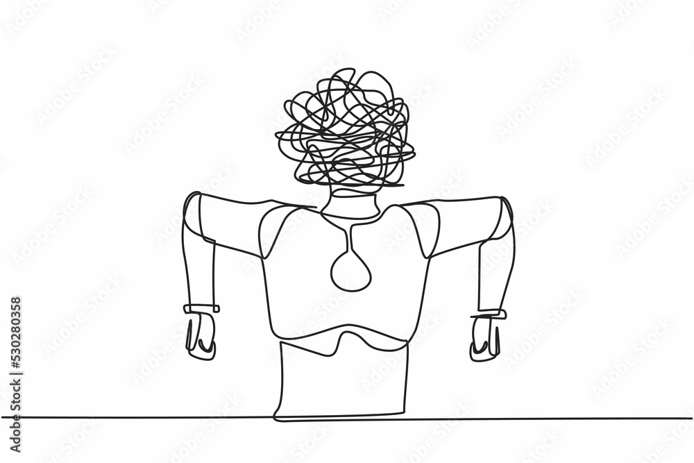 Poster single one line drawing robot with round scribble instead of head. angry robot. emotional in rage. f