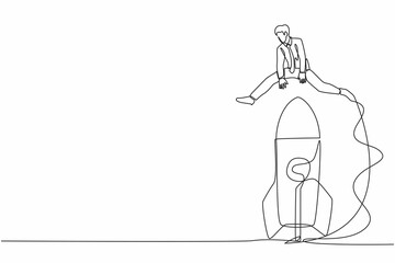 Single continuous line drawing businessman jumping over big rocket. Successful startup launch preparation. Space rocket flies up. New business project. One line draw graphic design vector illustration