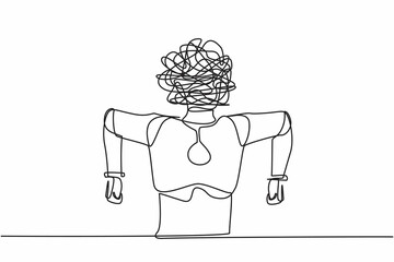 Single one line drawing robot with round scribble instead of head. Angry robot. Emotional in rage. Feeling anger. Future technology development. Continuous line draw design graphic vector illustration