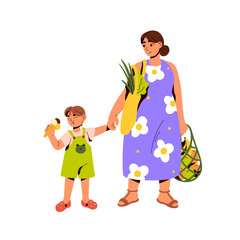 Mother carrying grocery mesh bag after shopping, kid eating ice-cream. Woman mom and happy child walk from food store with summer fruits in tote. Flat vector illustration isolated on white background