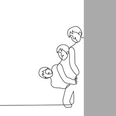 men peeking out from corner or wall - one line drawing vector. concept curiosity, surveillance, fans