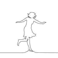 girl in dress jumping or running - one line drawing vector. concept aerial easy running, healthy legs or youth, jumping for happiness, skipping