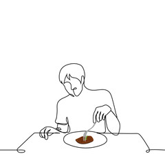 men pierces a large steak with a fork - one line drawing vector. concept eat a steak, eat with a fork without a knife, check the readiness of the dish