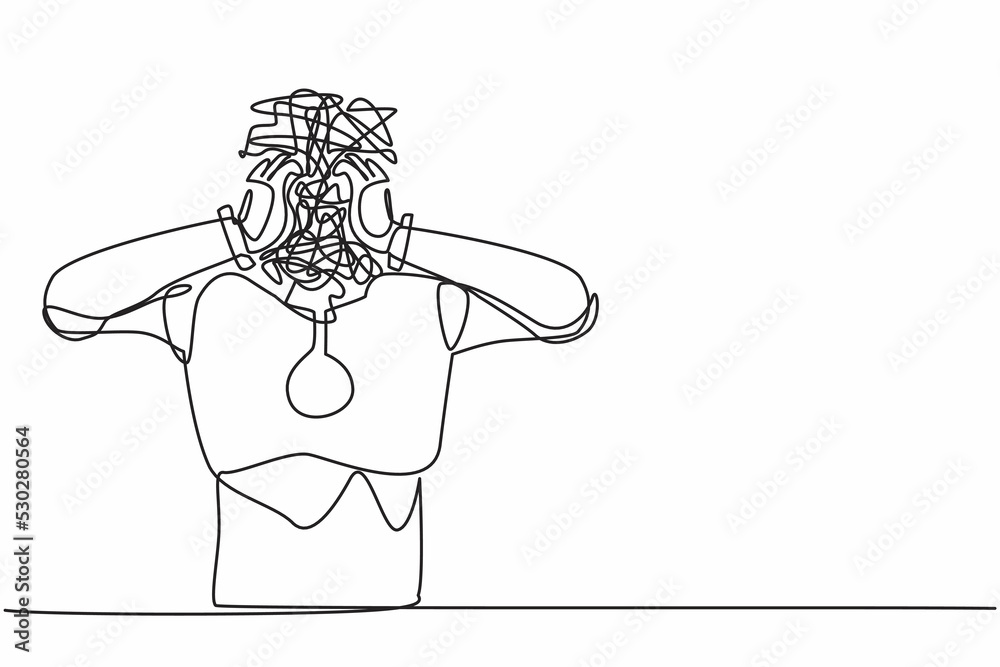 Poster continuous one line drawing robot with round scribbles instead of head. confusion and mess feeling, 