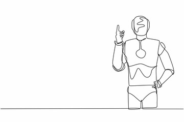 Single one line drawing robot standing with finger index up gesture. Emotion and body language. Artificial intelligence and machine learning processes. Continuous line draw design vector illustration