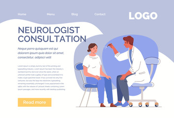 Diagnosis and treatment of neurological diseases. Character of neurologist checks eye reflexes of female patient. Visit to doctor. Web template, landing page. Flat cartoon. Vector.
