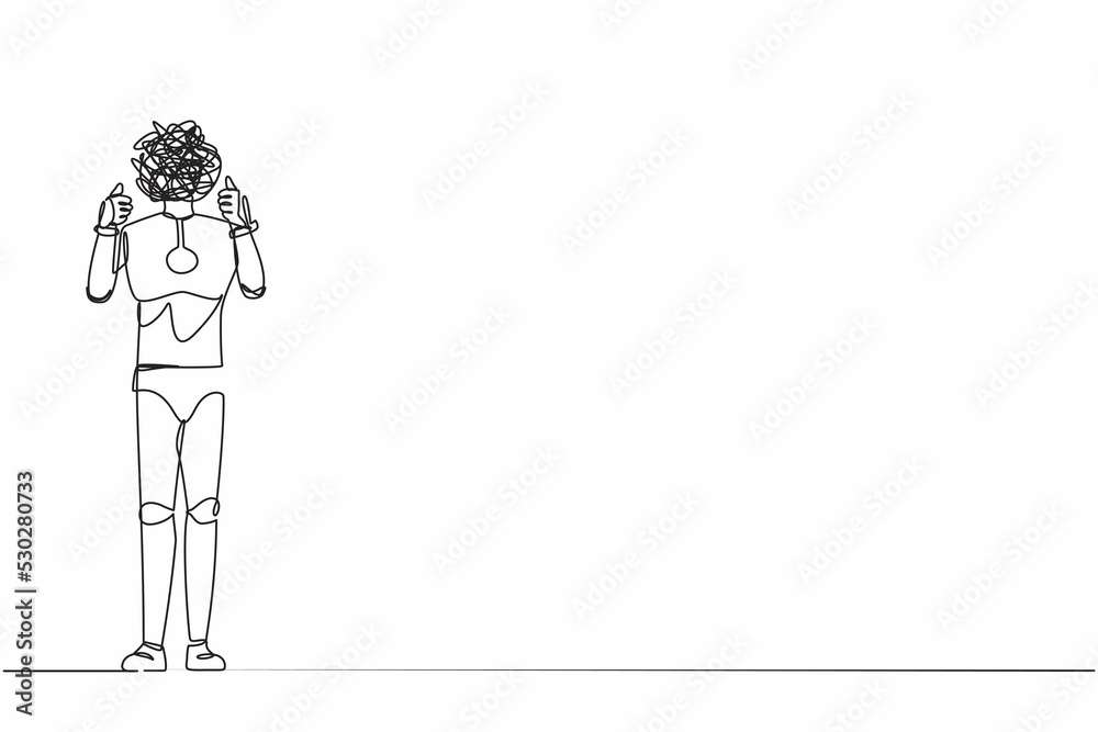 Poster single continuous line drawing robot with round scribbles instead of head. confused robot standing a