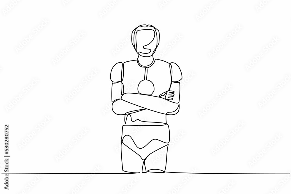 Poster single one line drawing robot standing with folded arms pose. future technology development. artific