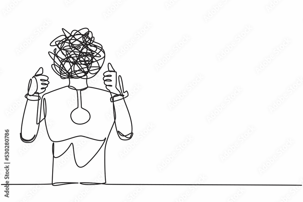 Poster continuous one line drawing robot with round scribbles instead of head. confused robot showing thumb